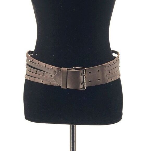 Linea‎ Pelle Womens 5 Straps Silver Buckle Studded Fashion Belt Brown Medium - Picture 1 of 7